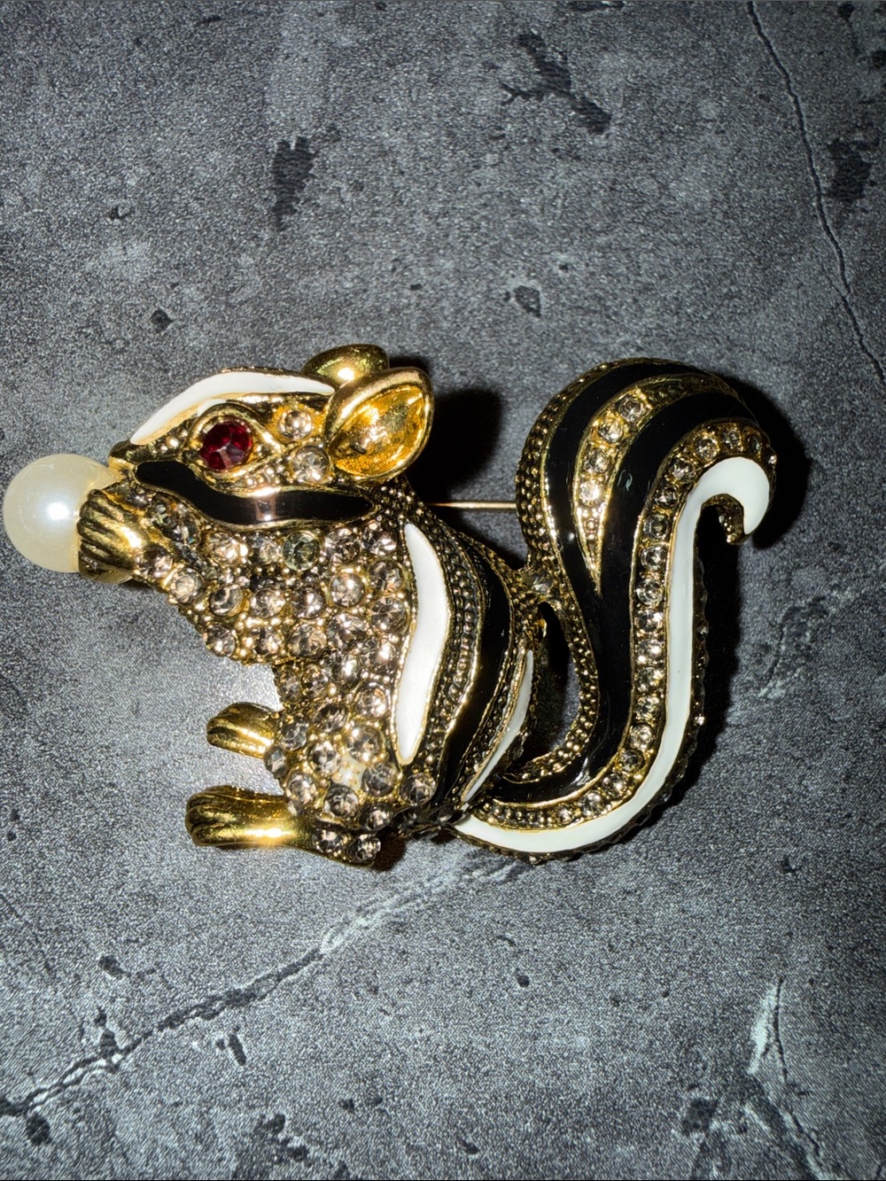 Gold-Tone Black & White Crystal Skunk Brooch with Pearl Accent